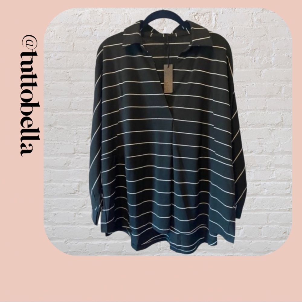 NWT Olive Scent Pullover V-neck Black & White Striped Tunic Size Small